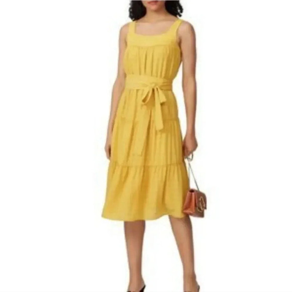 Slate & Willow Gauzy Tiered Layered Midi Tie Waist Dress Yellow Straps 2 RTR - Picture 1 of 11